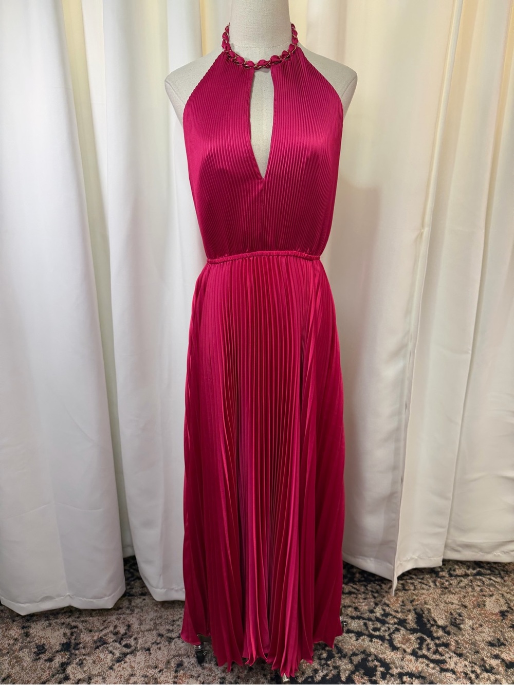 Milly ‘Kora’ Fuchsia Pink Accordion Pleated Satin Halterneck Maxi Dress Size 10 - Picture 3 of 16